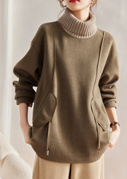 Boho Army Green Turtle Neck Patchwork Cotton Sweatshirts Tops Winter