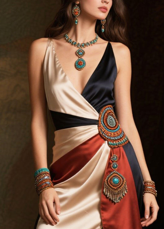 Boho Asymmetrical Patchwork Side Open Silk Dinner Dress Summer