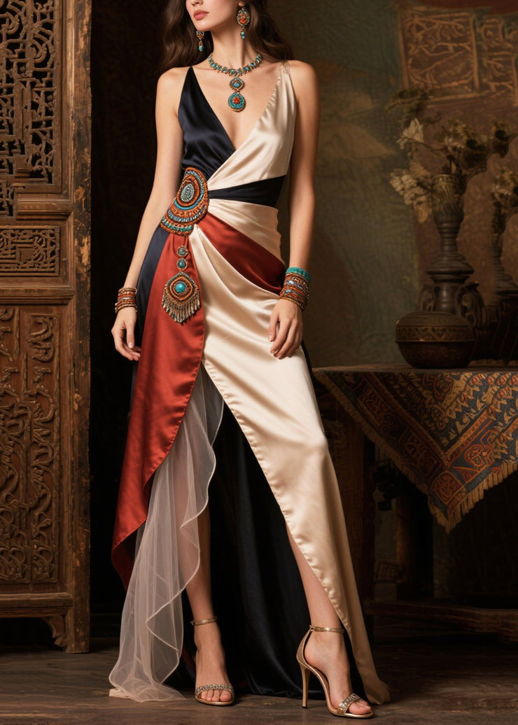 Boho Asymmetrical Patchwork Side Open Silk Dinner Dress Summer