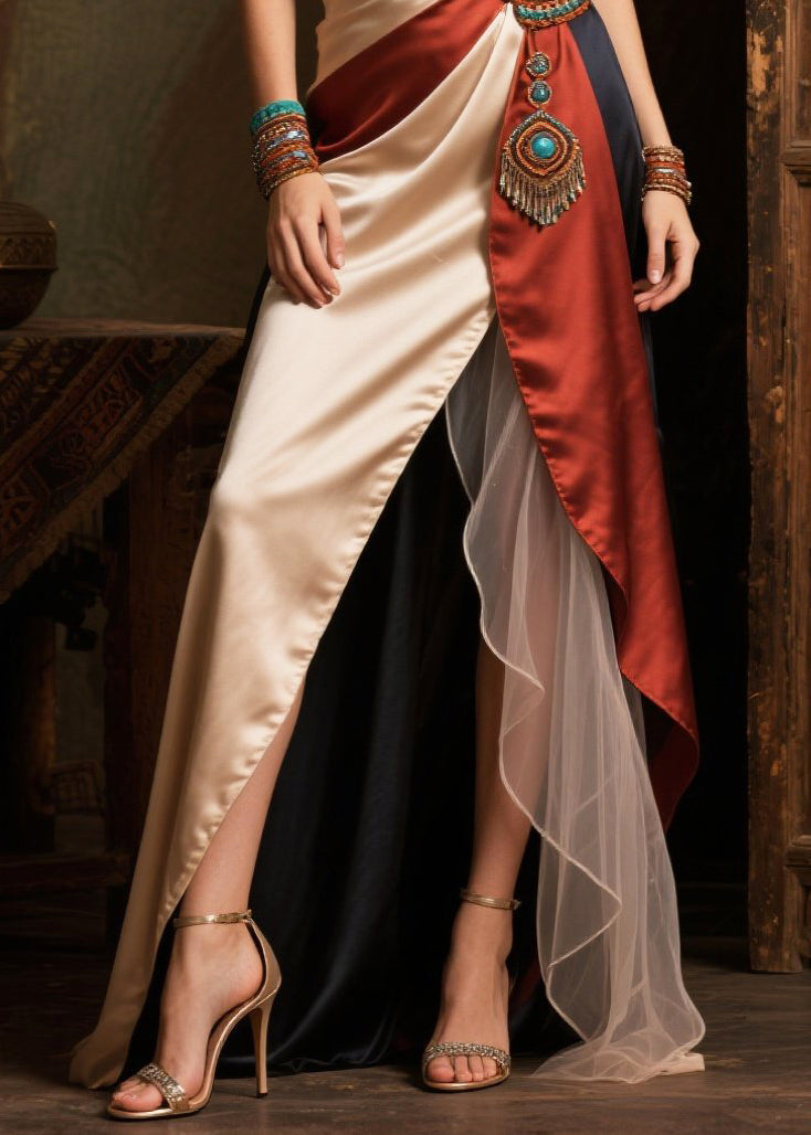 Boho Asymmetrical Patchwork Side Open Silk Dinner Dress Summer