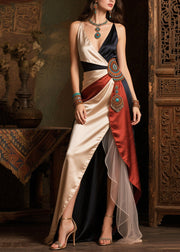 Boho Asymmetrical Patchwork Side Open Silk Dinner Dress Summer
