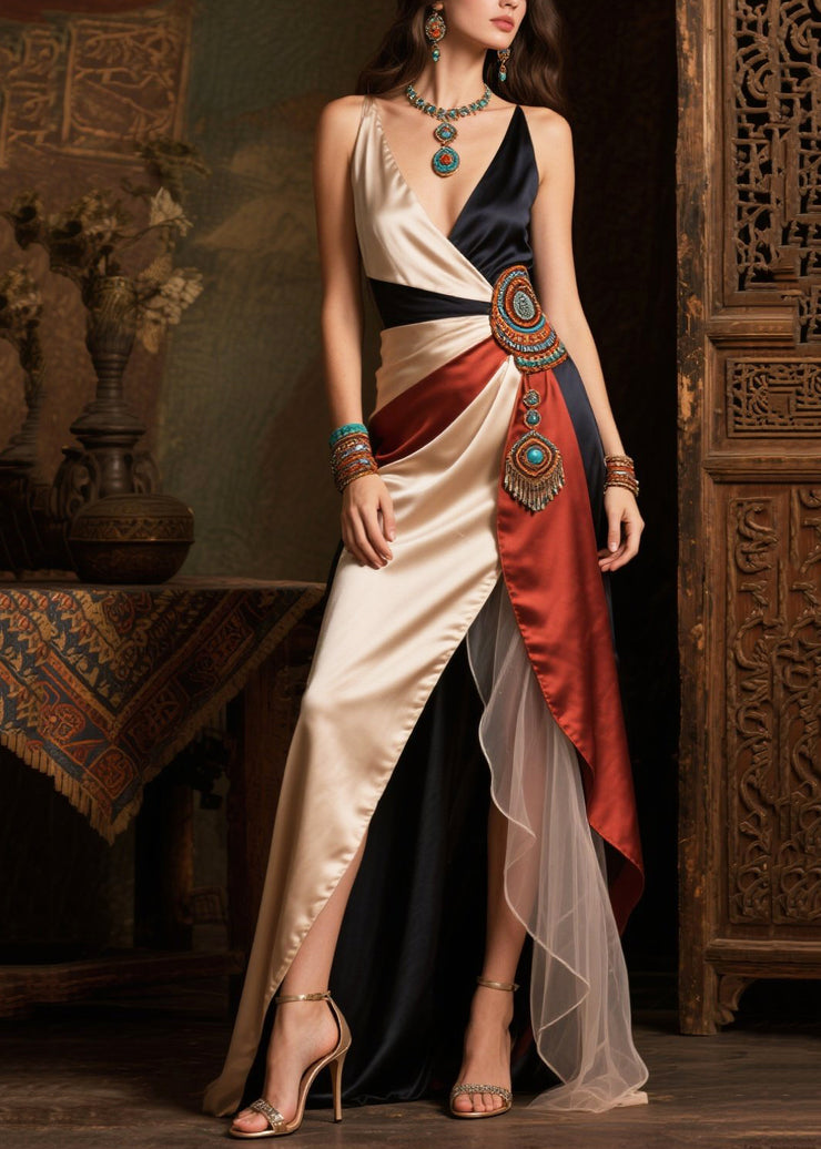 Boho Asymmetrical Patchwork Side Open Silk Dinner Dress Summer