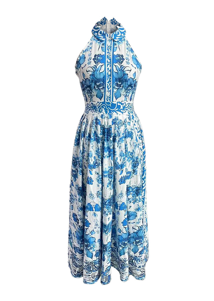 Boho Baby Blue Peter Pan Collar Print Maxi Dress Summer