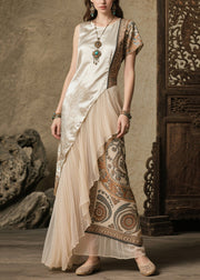 Boho Beige Asymmetrical Patchwork Print Silk Robe Dresses Summer