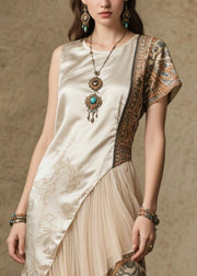 Boho Beige Asymmetrical Patchwork Print Silk Robe Dresses Summer