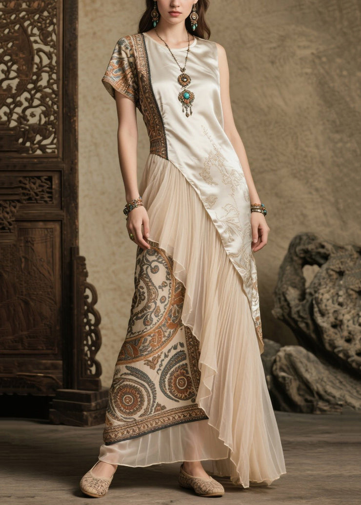Boho Beige Asymmetrical Patchwork Print Silk Robe Dresses Summer