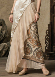 Boho Beige Asymmetrical Patchwork Print Silk Robe Dresses Summer