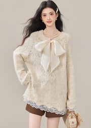 Boho Beige Bow Nail Bead Patchwork Lace Knit Tops Winter