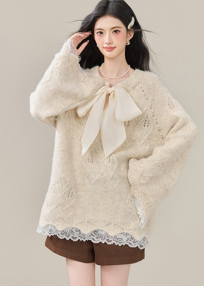Boho Beige Bow Nail Bead Patchwork Lace Knit Tops Winter
