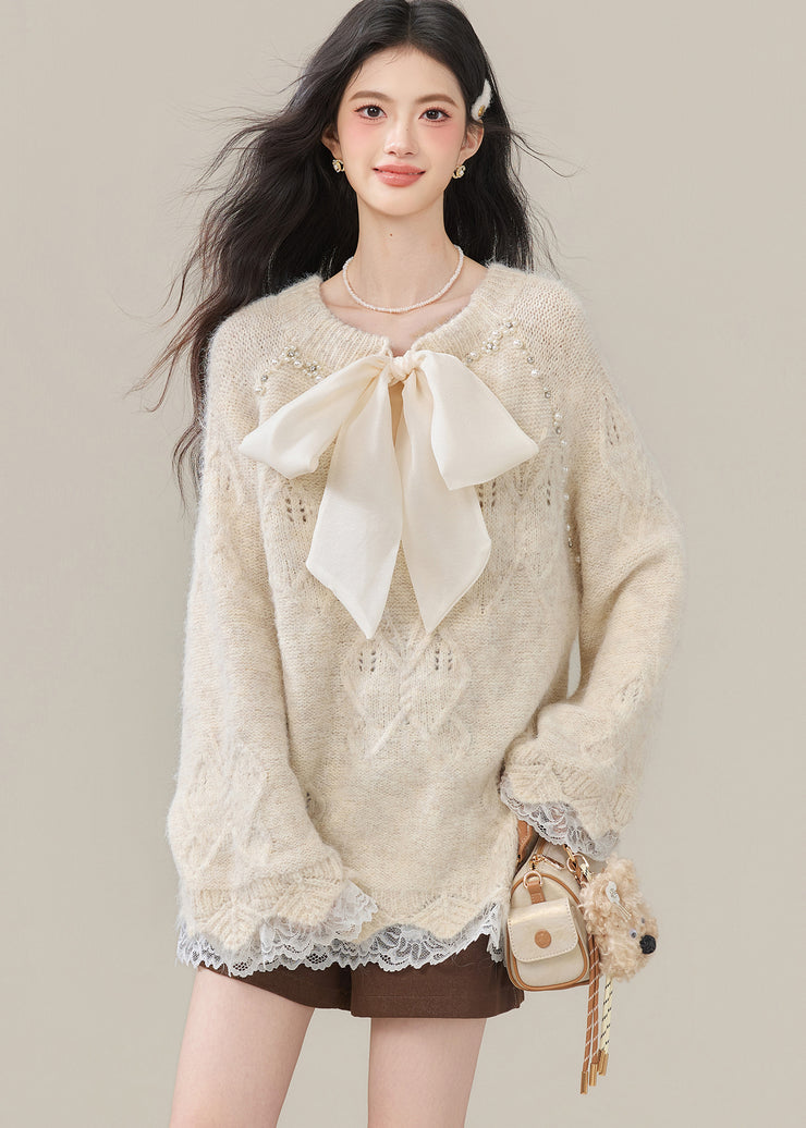 Boho Beige Bow Nail Bead Patchwork Lace Knit Tops Winter