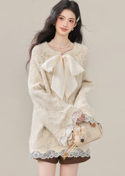 Boho Beige Bow Nail Bead Patchwork Lace Knit Tops Winter