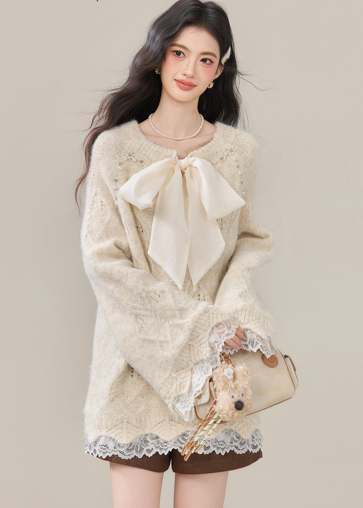 Boho Beige Bow Nail Bead Patchwork Lace Knit Tops Winter