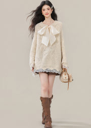 Boho Beige Bow Nail Bead Patchwork Lace Knit Tops Winter