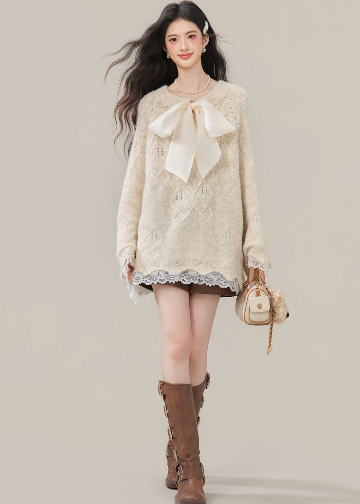 Boho Beige Bow Nail Bead Patchwork Lace Knit Tops Winter