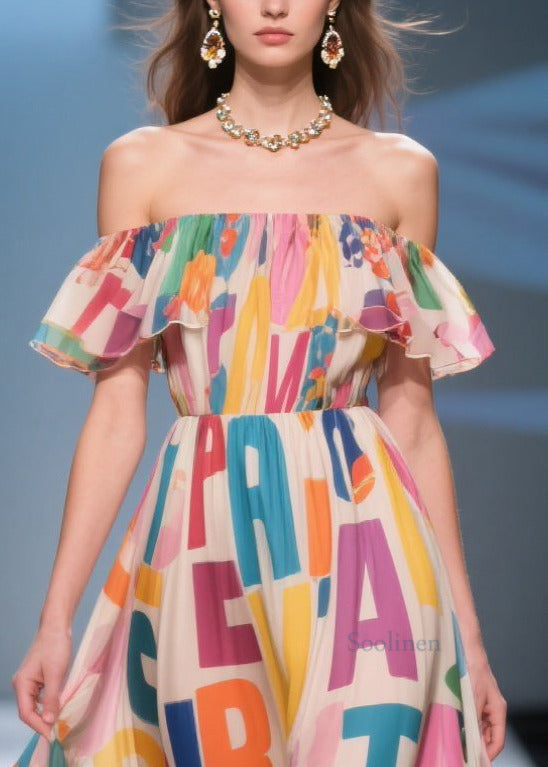 Boho Beige Cold Shoulder Print Chiffon Beach Dress Summer
