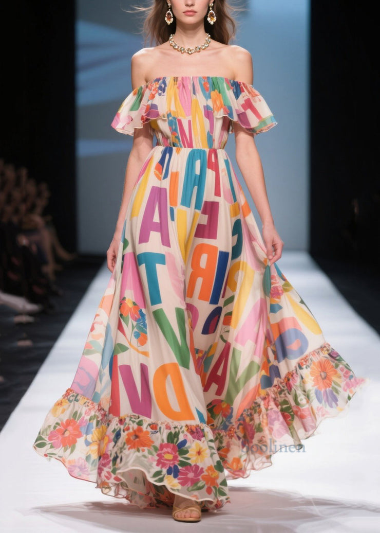 Boho Beige Cold Shoulder Print Chiffon Beach Dress Summer