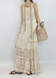 Boho Beige Hollow Out Asymmetrical Design Knit Two-Piece Set Summer
