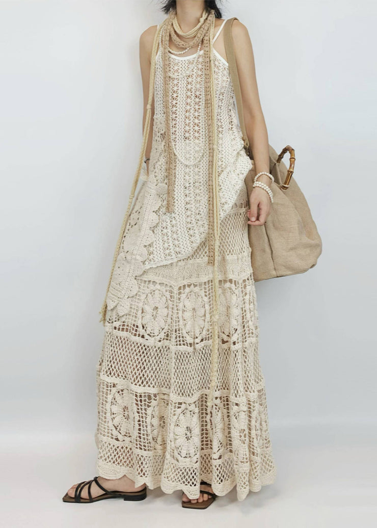 Boho Beige Hollow Out Asymmetrical Design Knit Two-Piece Set Summer
