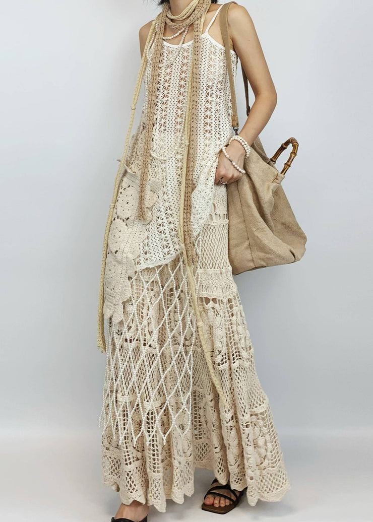 Boho Beige Hollow Out Asymmetrical Design Knit Two-Piece Set Summer