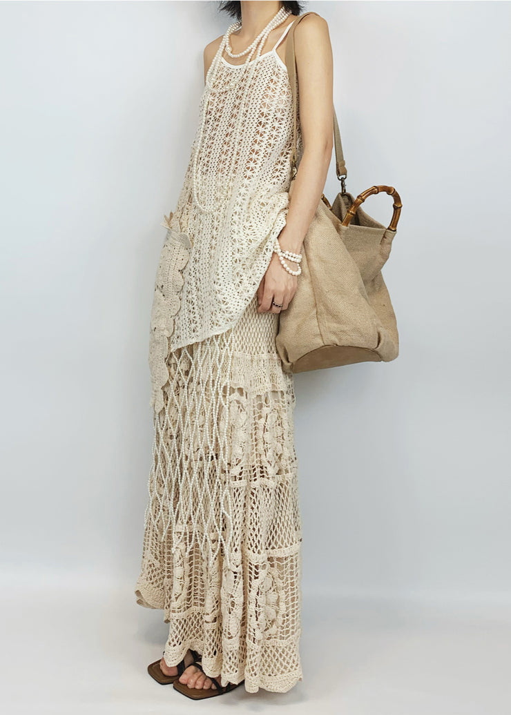 Boho Beige Hollow Out Asymmetrical Design Knit Two-Piece Set Summer