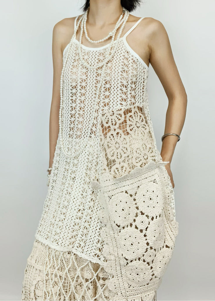 Boho Beige Hollow Out Asymmetrical Design Knit Two-Piece Set Summer