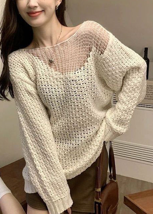 Boho Beige Hollow Out Solid Knit Sweater Spring