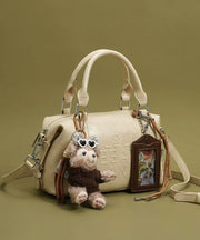 Boho Beige Letter Embossing Bear Decorated Faux Leather Tote Handbag