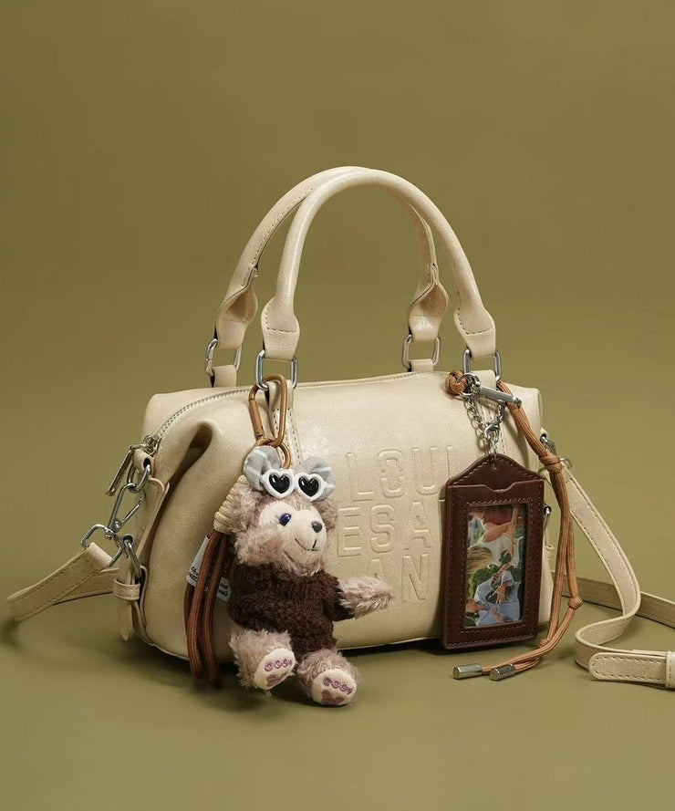 Boho Beige Letter Embossing Bear Decorated Faux Leather Tote Handbag