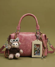 Boho Beige Letter Embossing Bear Decorated Faux Leather Tote Handbag