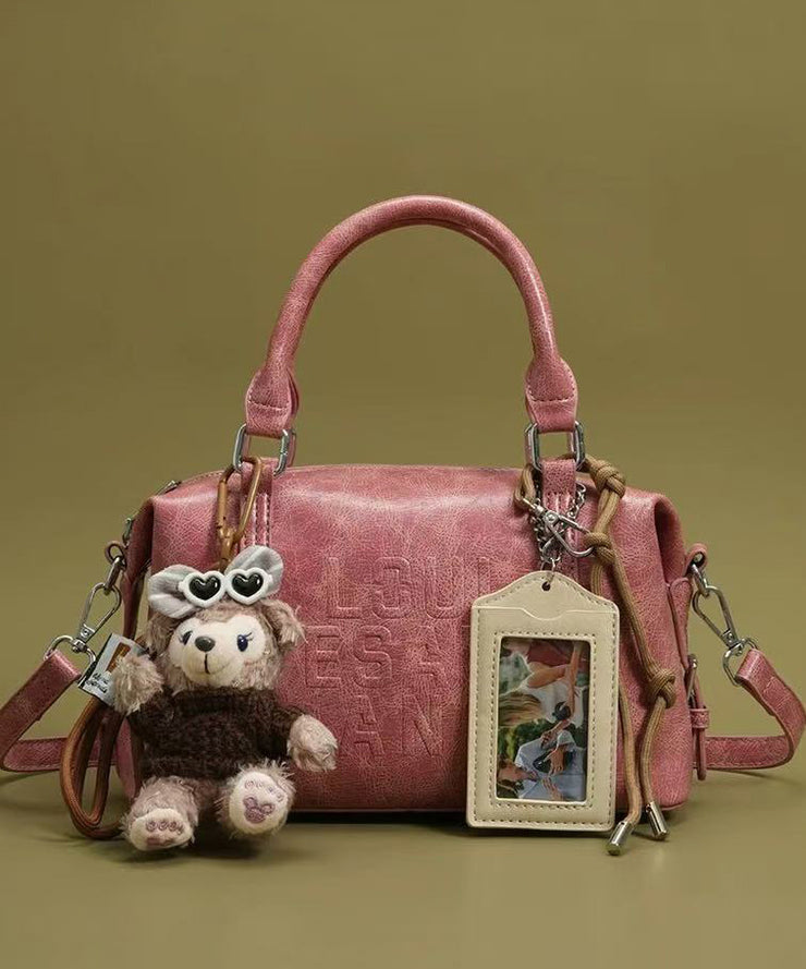 Boho Beige Letter Embossing Bear Decorated Faux Leather Tote Handbag