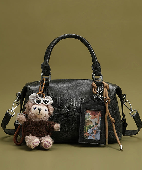 Boho Beige Letter Embossing Bear Decorated Faux Leather Tote Handbag