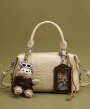 Boho Beige Letter Embossing Bear Decorated Faux Leather Tote Handbag