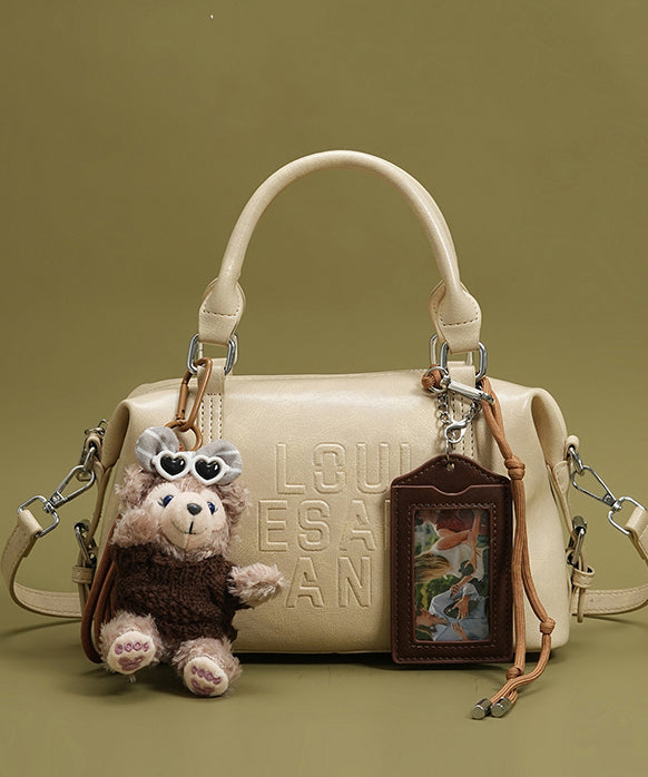 Boho Beige Letter Embossing Bear Decorated Faux Leather Tote Handbag