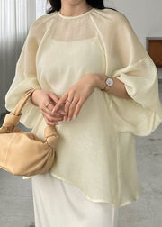 Boho Beige Oversized Chiffon Sheer Top Batwing Sleeve