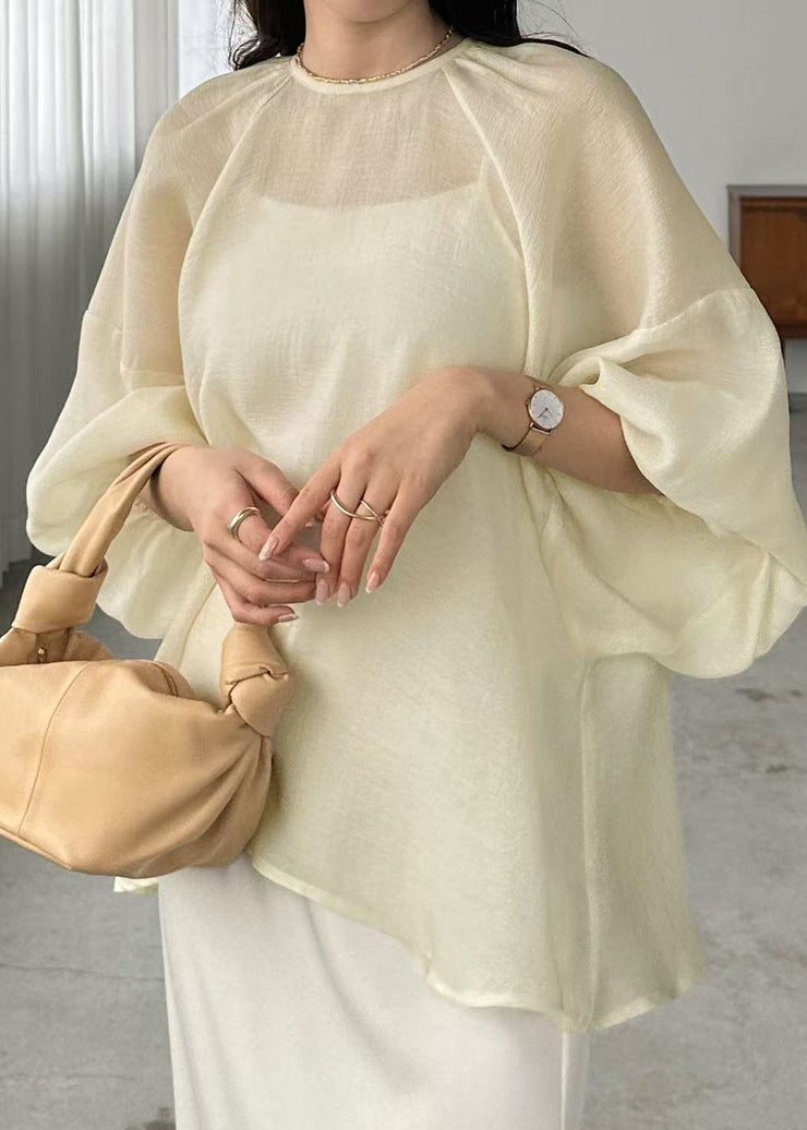 Boho Beige Oversized Chiffon Sheer Top Batwing Sleeve