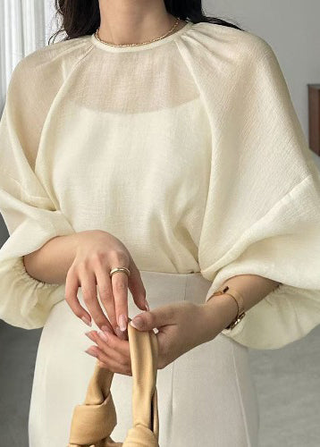Boho Beige Oversized Chiffon Sheer Top Batwing Sleeve