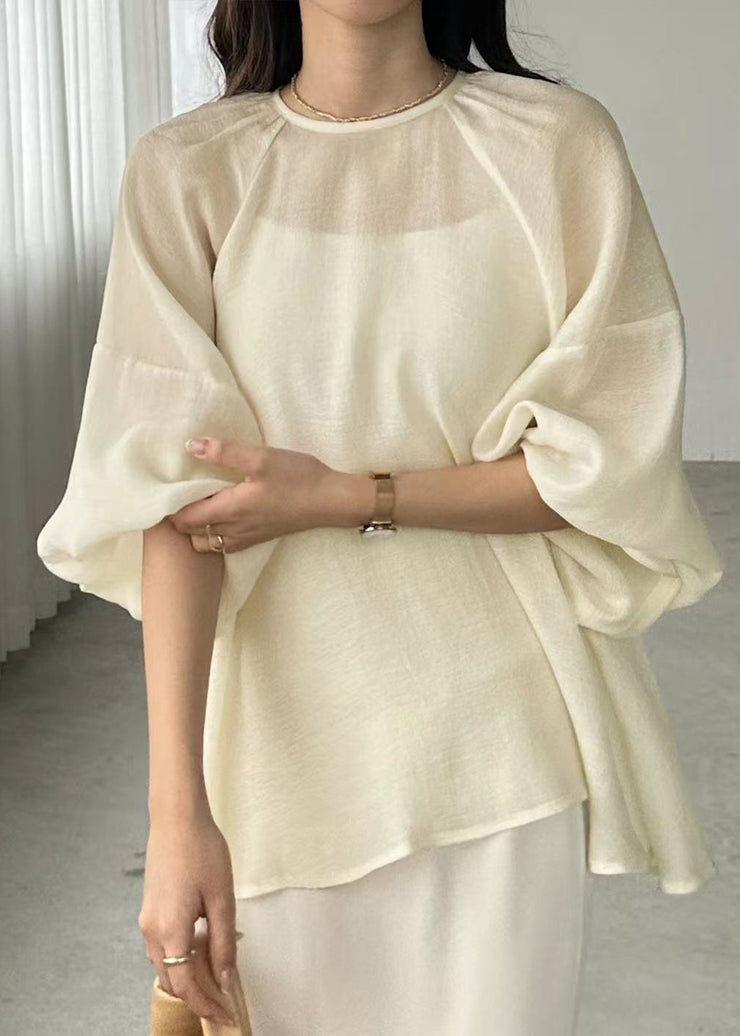 Boho Beige Oversized Chiffon Sheer Top Batwing Sleeve