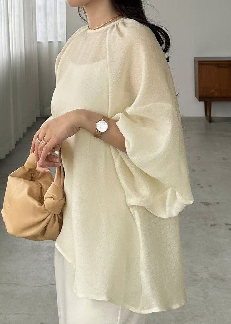 Boho Beige Oversized Chiffon Sheer Top Batwing Sleeve
