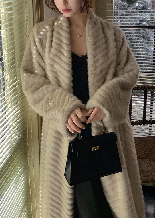 Boho Beige Oversized Faux Mink Hair Trench Coats Winter