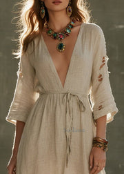 Boho Beige Tie Waist Ripped Linen Vacation Dress Bracelet Sleeve