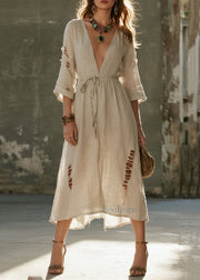 Boho Beige Tie Waist Ripped Linen Vacation Dress Bracelet Sleeve