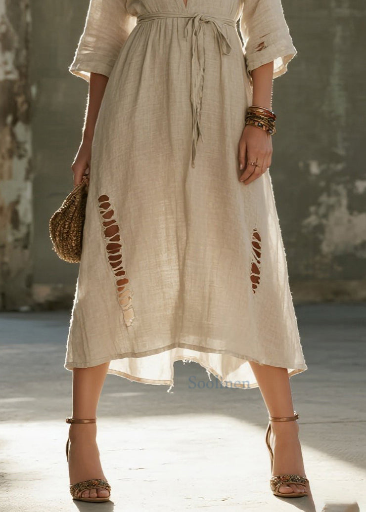 Boho Beige Tie Waist Ripped Linen Vacation Dress Bracelet Sleeve