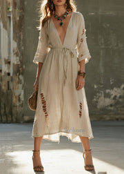 Boho Beige Tie Waist Ripped Linen Vacation Dress Bracelet Sleeve