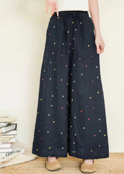 Boho Black Embroidered Linen Wide Leg Pants Summer
