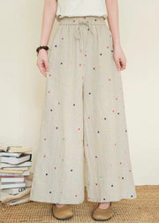 Boho Black Embroidered Linen Wide Leg Pants Summer