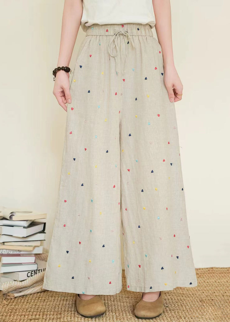 Boho Black Embroidered Linen Wide Leg Pants Summer