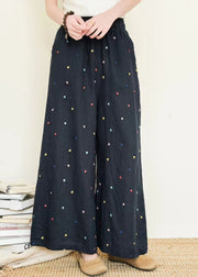 Boho Black Embroidered Linen Wide Leg Pants Summer