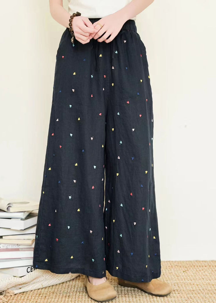 Boho Black Embroidered Linen Wide Leg Pants Summer