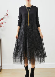 Boho Black Embroideried Tulle Patchwork Knit Long Dress Fall