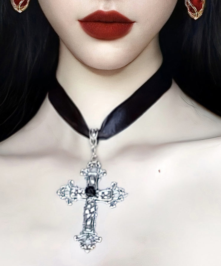 Boho Black Genuine Leather Cross Pendant Necklace